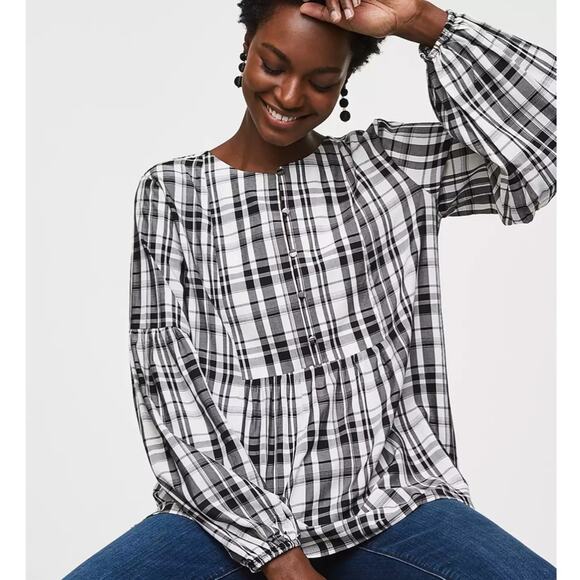 LOFT ANN TAYLOR Top Peplum Plaid Blouson Henley B&W Business Casual Size Small - Picture 2 of 11